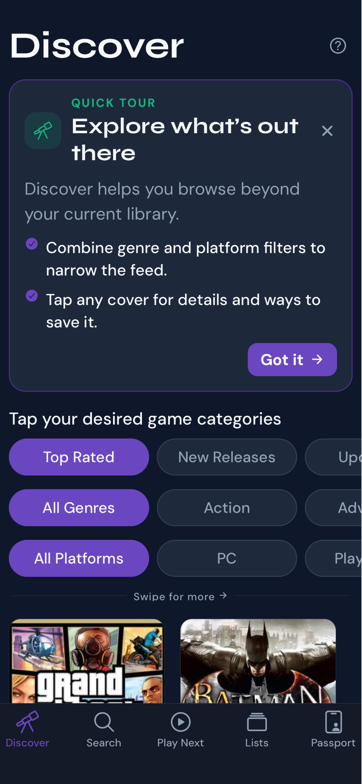 NextPlay Discover screen with filter controls