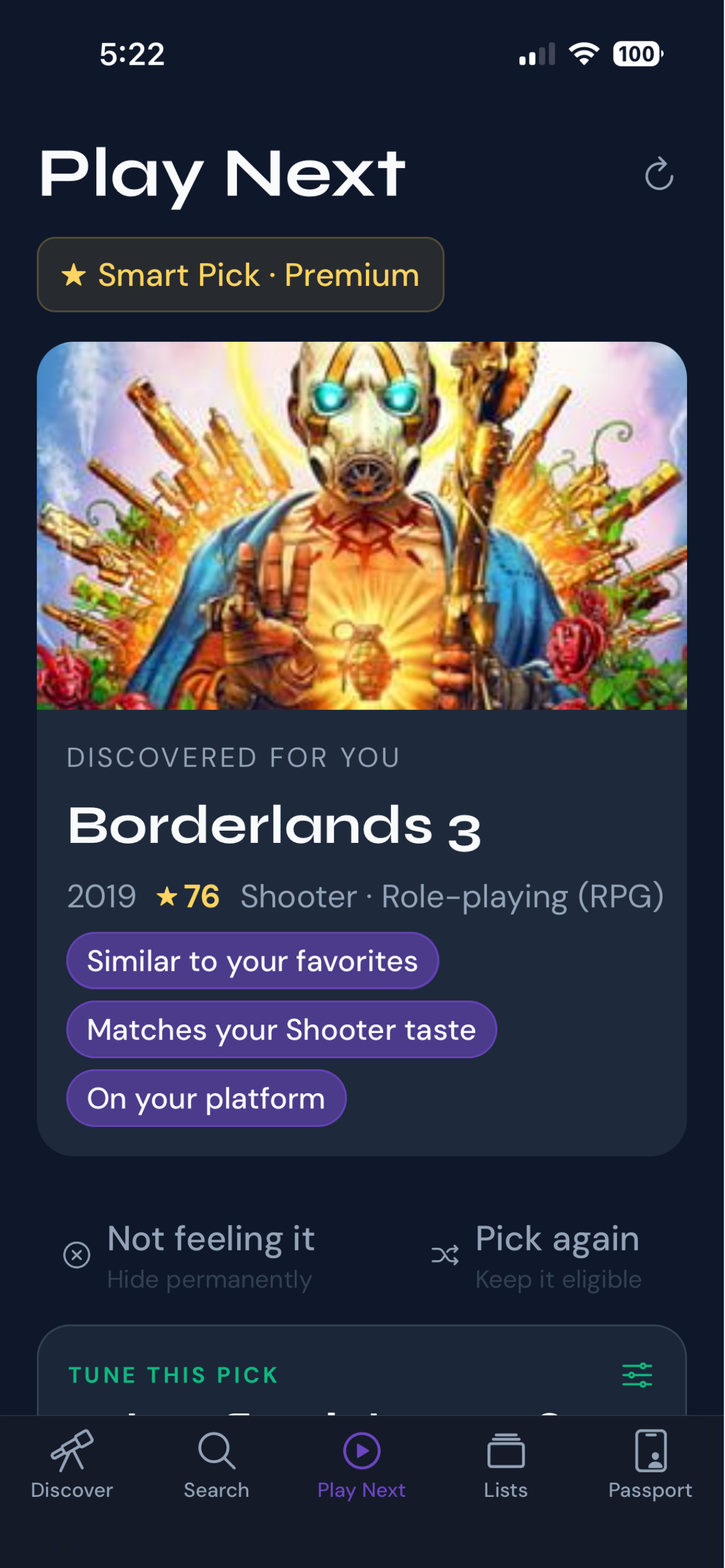 NextPlay recommending Borderlands 3 with personalized reasons