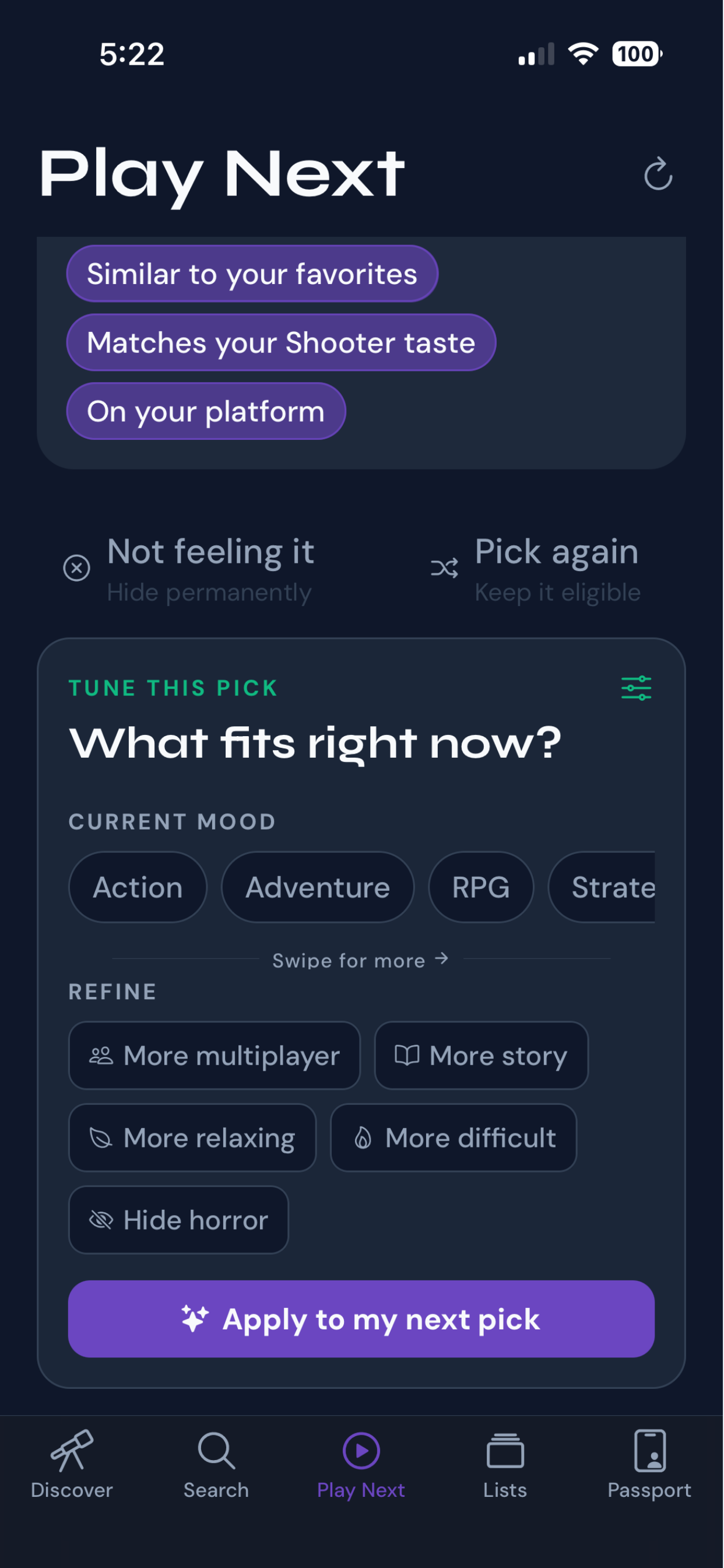 NextPlay recommendation tuning controls
